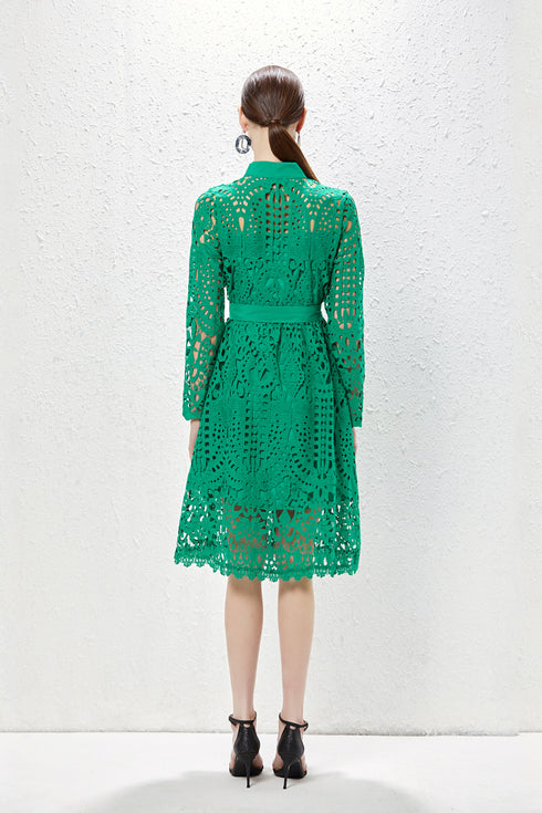Runway Fashion Exquisite Hollow Out Crochet Lace, Stand Collar, Belted Party, Cocktail, Festive Midi Dress (Green)